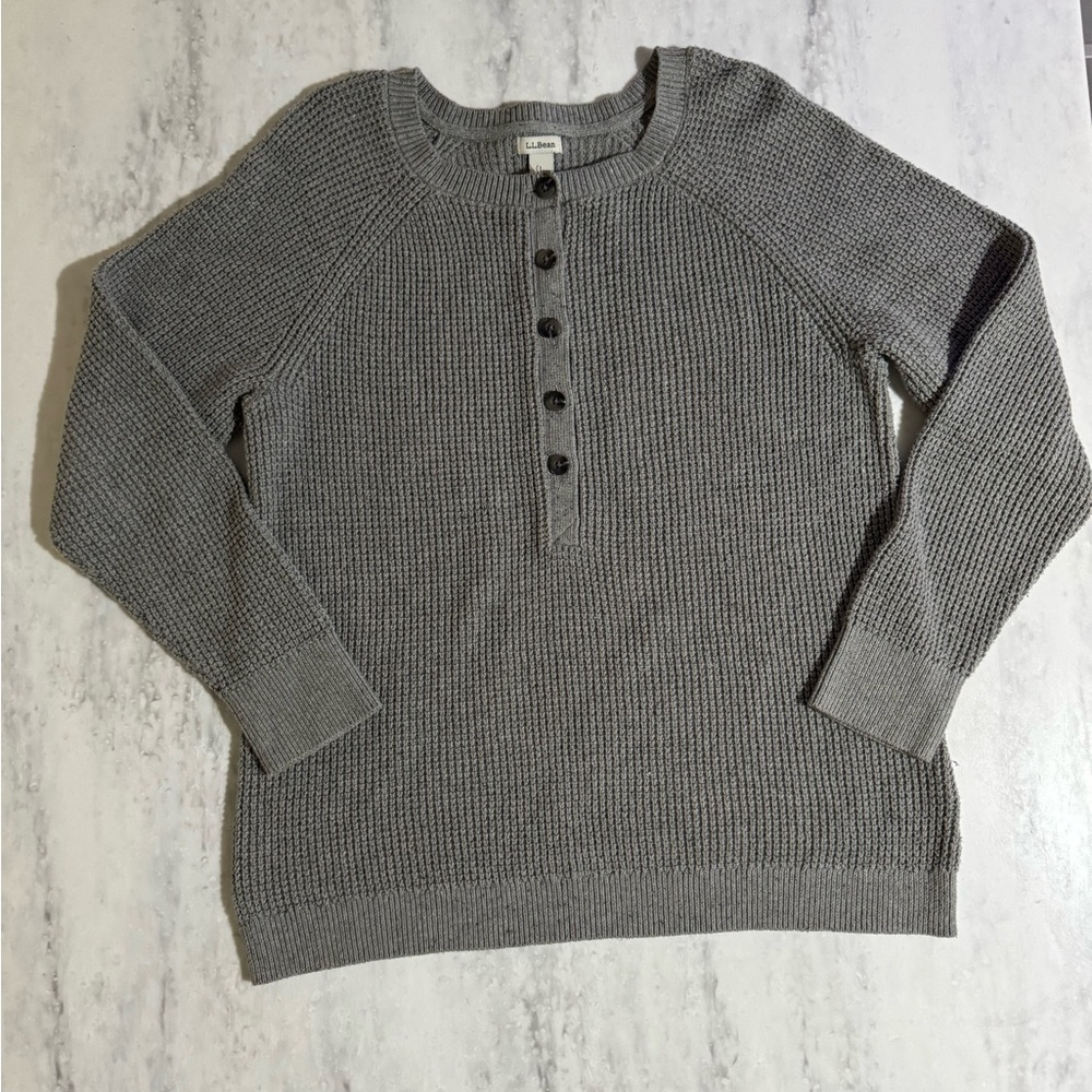 SOLD LL Bean Organic Cotton Blend Gray Waffle Sweater with Buttons size L